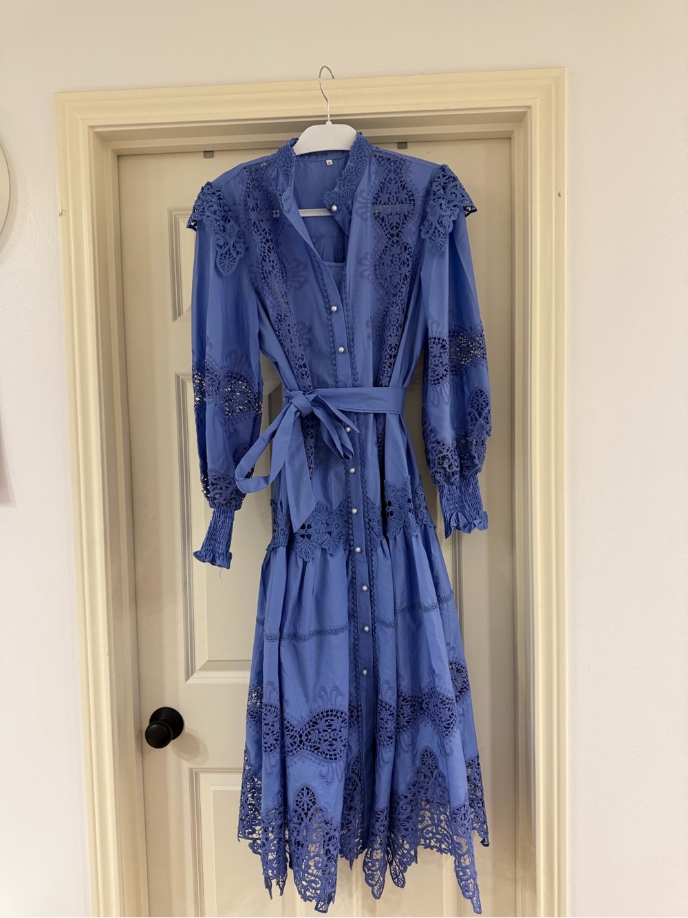 Sunfere Elegant Blue Lace Midi Dress with Waist Tie - Picture 3 of 5